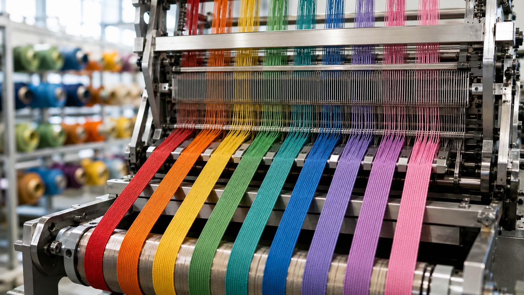 Narrow-fabric needle loom weaving colourful elastic and webbing tapes at Swaraj Narrow Fabrics, Nashik
